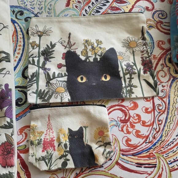 3 Pc Black Cat Canvas Tote Bag Makeup Coin Purse Set Gift Reusable - Picture 2 of 7
